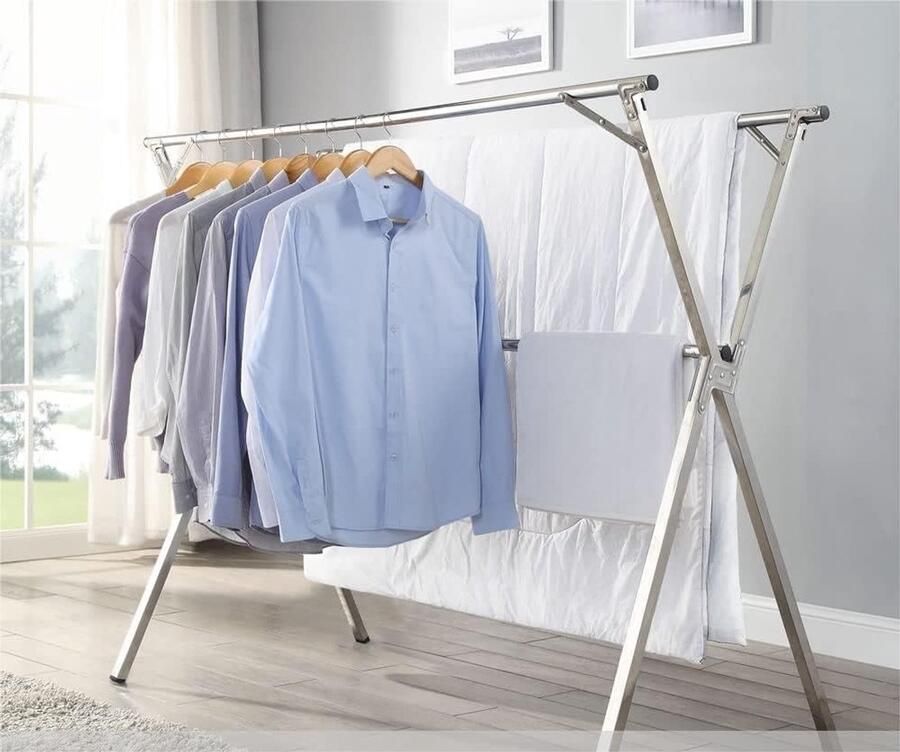 Trankielo Verstelbare RVS Kledingstandaard Inklapbaar Wasrek Uittrekbaar Kapstok