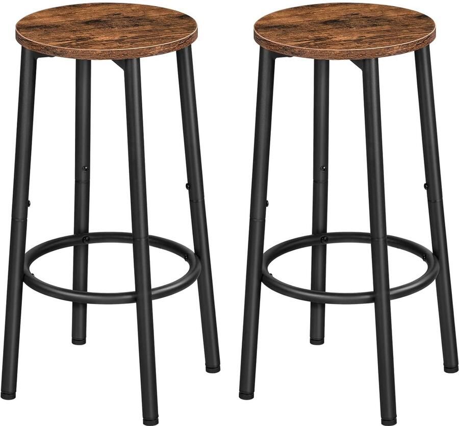 Trankielo – Vintage Barkruk Set van 2 – Industriële Barstoel met Voetensteun – Metaal en Hout – Bruin Zwart voor Keuken Bar Restaurant