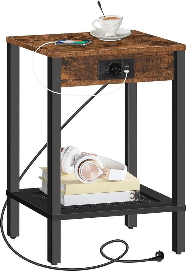 Trankielo Vintage Bijzettafel met Laadstation – 2 USB-poorten & Stopcontact – Ideaal voor Kleine Ruimtes