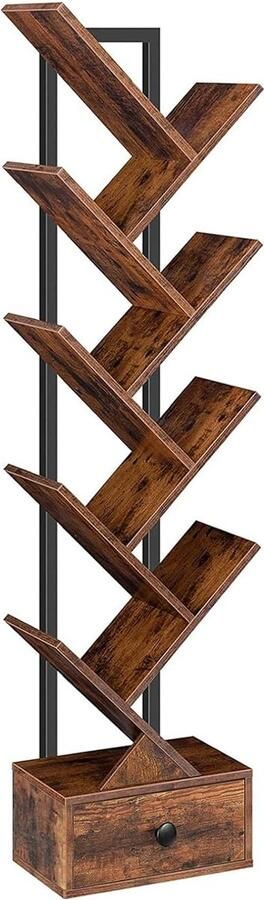 Trankielo Vintage Boekenkast met Lade – Multifunctioneel Staand Rek met 9 Niveaus – Boomvormige Vrijstaande Boekenplank voor Woonkamer Slaapkamer en Thuiskantoor