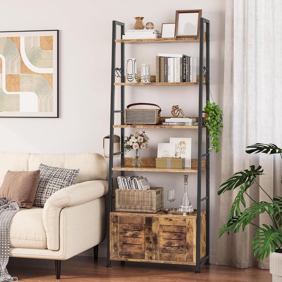 Trankielo Vintage Bruin Boekenkast Met Ladderrek En Kast Industrieel Staand Rek Met Deuren En Haken Metaal Frame Rek voor Woonkamer Thuiskantoor Hal