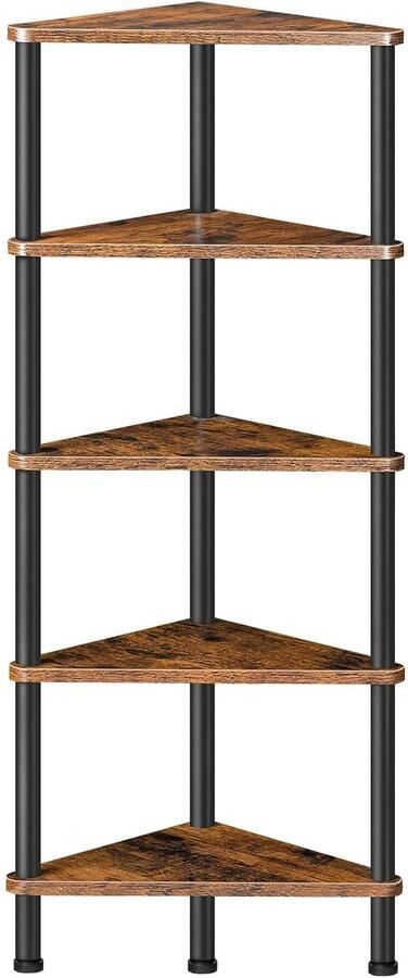 Trankielo Vintage Bruin Hoekplank – 5-Niveaus Industrieel Hoekrek – Compact Staand Rek Stijlvolle Boekenkast voor Planten en Boeken