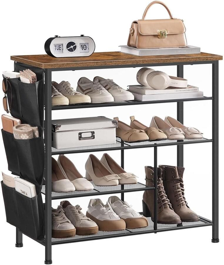 Trankielo Vintage Bruin Schoenenrek 5 Niveaus met Flexibele Zijvakken – Ruimtebesparend – Metaal en Spaanplaat Constructie – Voor Slaapkamer en Hal