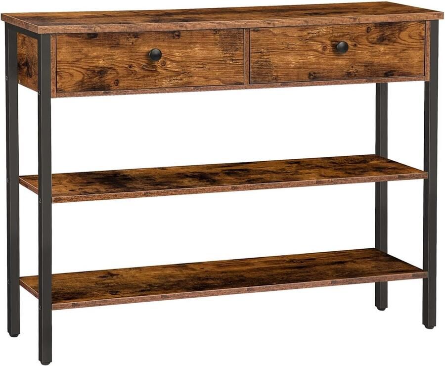 Trankielo Vintage Bruin-Zwart Consoletafel – 100x24x80cm – Met Lade en 2-Traps Opbergvakken – Robuust Metalen Frame – Voor Woonkamer Hal Ingang
