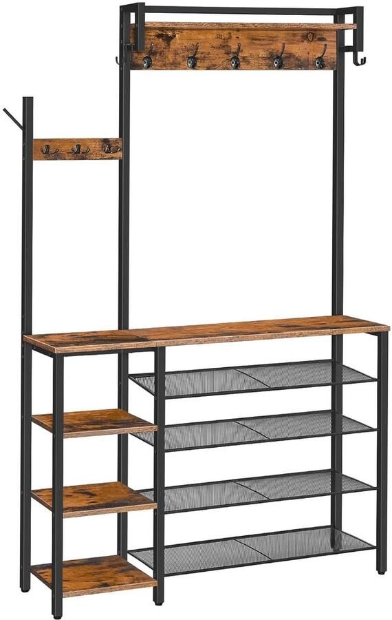 Trankielo Vintage Kapstok met Schoenenrek en Zijrek – Robuuste Garderobe met 5 Laags Schoenenopslag – Multifunctioneel Kledingrek Zwart en Bruin