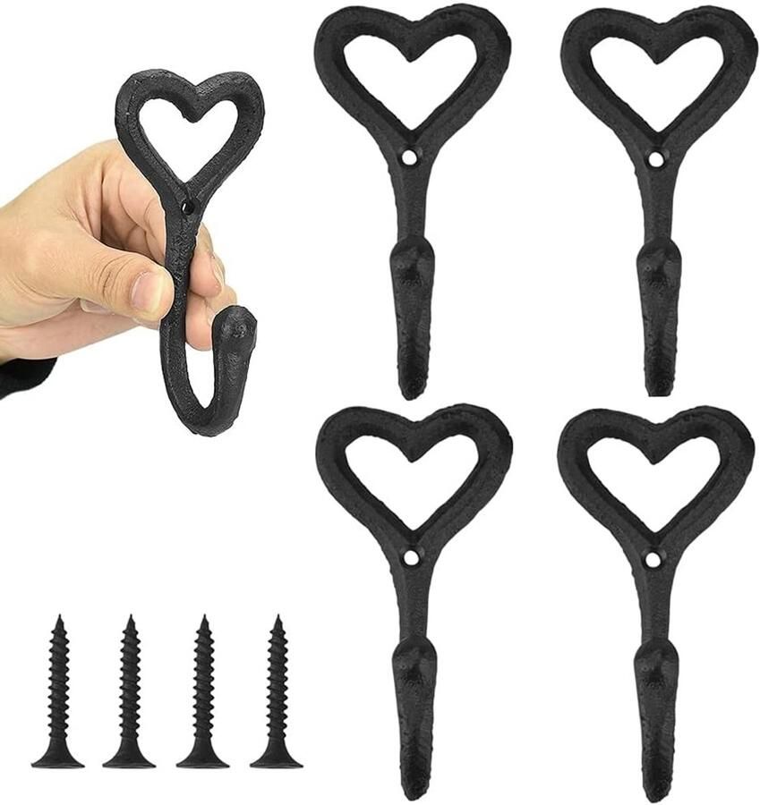 Trankielo Vintage Metalen Kapstokhaken Set van 4 – Zware IJzeren Liefdeshart Wandhaken – Inclusief Schroeven – Voor Kleding Tassen Handdoeken in Badkamer Keuken Slaapkamer Kantoor
