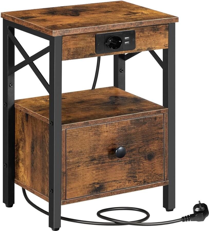 Trankielo Vintage Nachtkastje met USB Laadstation – Compacte Bijzettafel met Klaplade – Bruin-Zwart