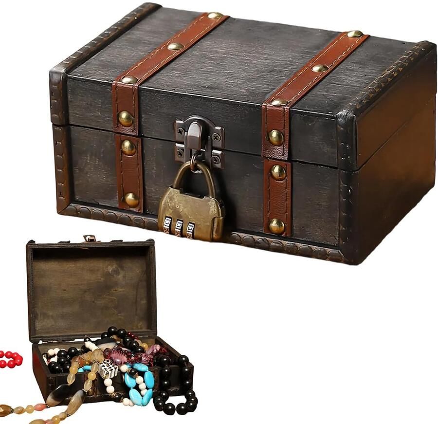 TRANKIELO Vintage Schatkist met Cijferslot – Houten Opbergdoos – Veilige Juwelendoos voor Kinderen – Decoratieve Piratenschatkist – 17 x 11 x 8 cm