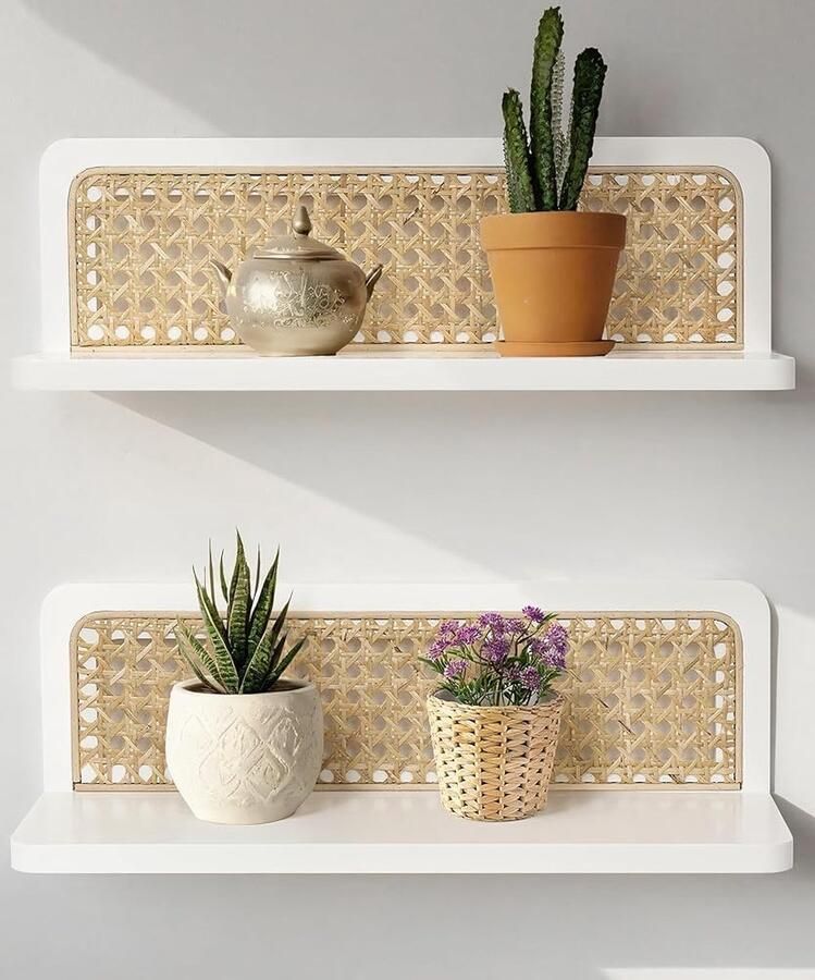 Trankielo Wandrekken Boho Stijl Set van 2 Rotan en Houten Planken voor Woonkamer Kinderkamer & Slaapkamer