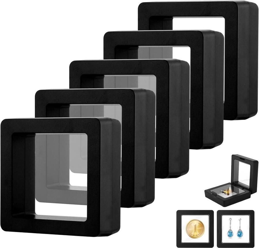 Trankielo Zwart 3D Zwevende Vitrinekast Display – Set van 5 – Munten Medaillons & Sieraden presentatie – 5 x 5 cm formaat – Dubbelzijdig 3D-effect