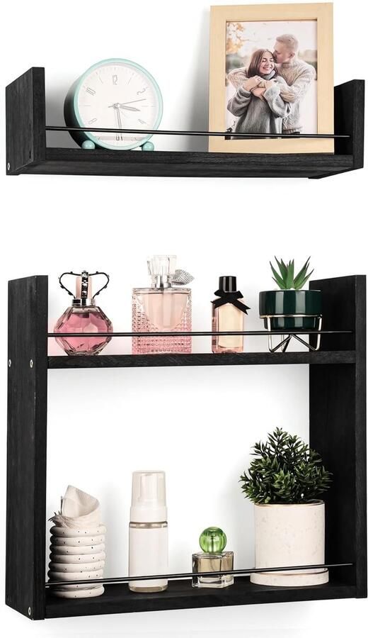 Trankielo – Zwarte Zwevende Wandplank Set van Twee – Paulownia Hout – Multifunctionele Wandrek en Wandplank voor Keuken Badkamer of Woonkamer