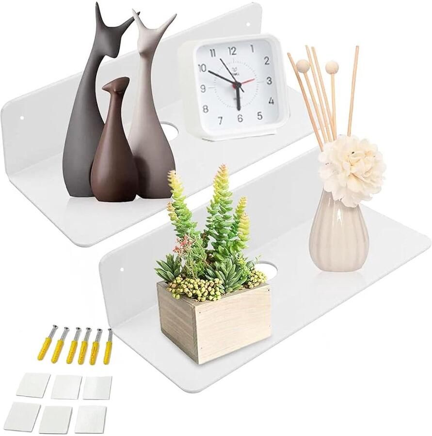 Trankielo Zwevend Wandrek van Hoogwaardig Acryl – Eenvoudig te Installeren Zonder Boren – Uitbreidbaar en Ruimtebesparend – Wit Set van 2 Stuks