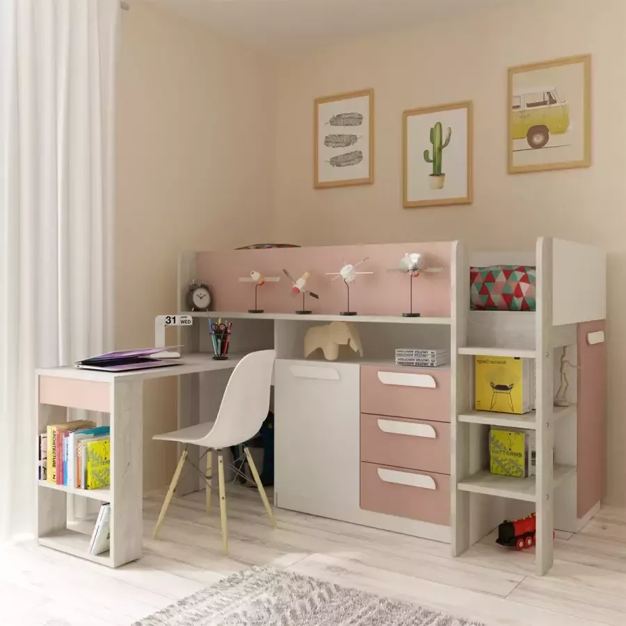 Vente-unique Combinatiebed 90 x 200 cm Met bureau en opbergruimte Roze houtlook en wit LOUKALA L 207 cm x H 131.5 cm x D 193.8 cm