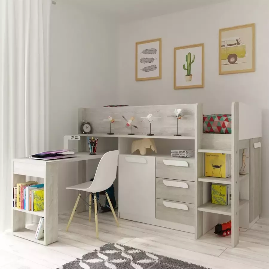 Vente-unique Combinatiebed 90 x 200 cm Met bureau en opbergruimte Wit en houtlook LOUKALA L 207 cm x H 131.5 cm x D 193.8 cm