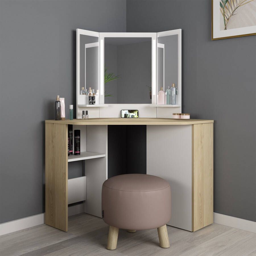 Vente-unique Kaptafel CHARLENE Spiegel met ledverlichting en opbergruimtes Wit en eiken L 117.2 cm x H 142 cm x D 60.6 cm