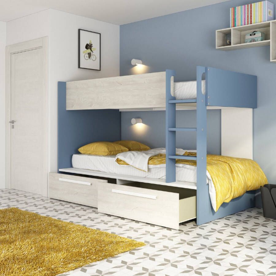 Vente-unique Stapelbed 2 x 90 x 200 cm 2 lades Blauw houtlook en wit TINOLI L 205.6 cm x H 147 cm x D 108.5 cm - Foto 5
