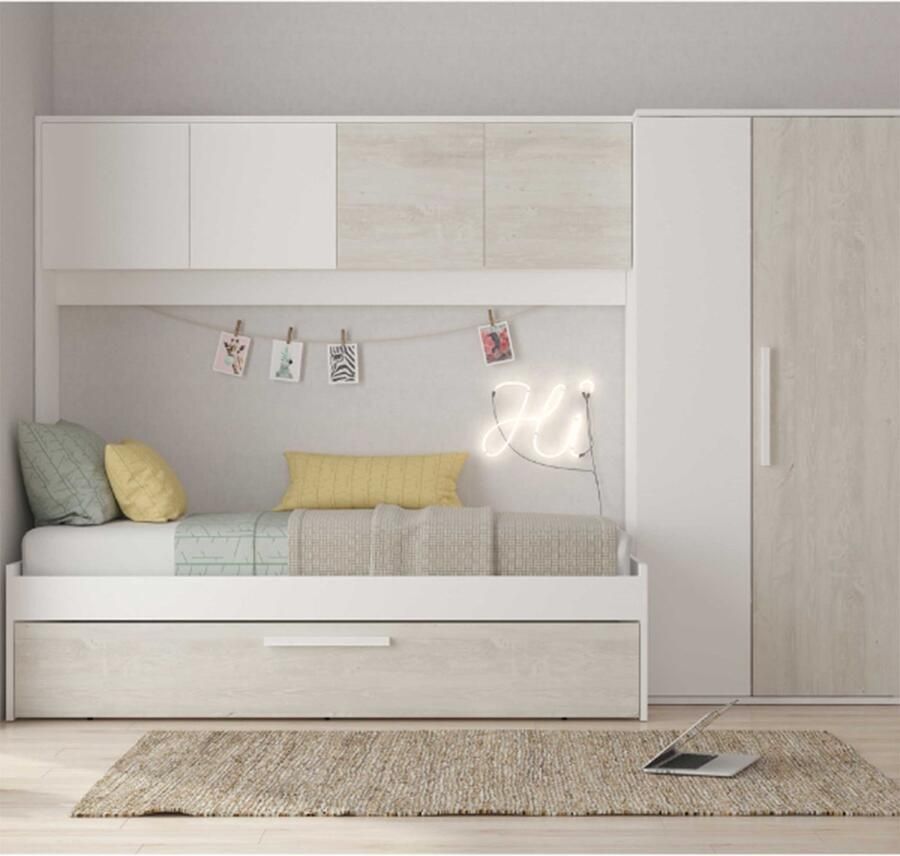 Trasman Bed Lev 90x200 cm met kast en bedlade grenen wit