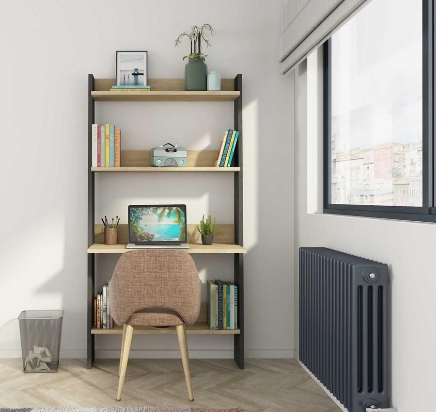 Trasman EMOB Boekenkast Quinty met laptoptafel 95cm 3 legplanken eik decor grijs Laptoptafels Bruin Spaanplaat Laptoptafels Op voorraad