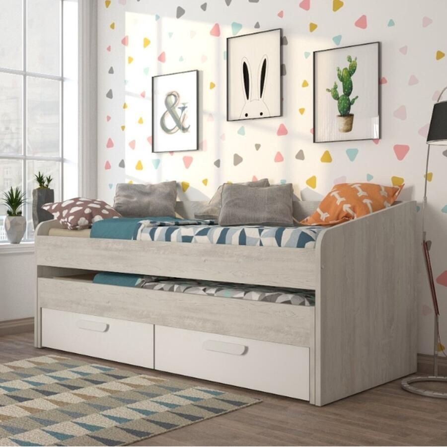 Trasman EMOB Bed Bo12 met onderschuifbed en lades- wit Bedden met lades Wit Melamine; Spaanplaat Bedden met lades Eenpersoons Kajuitbed Op voorraad