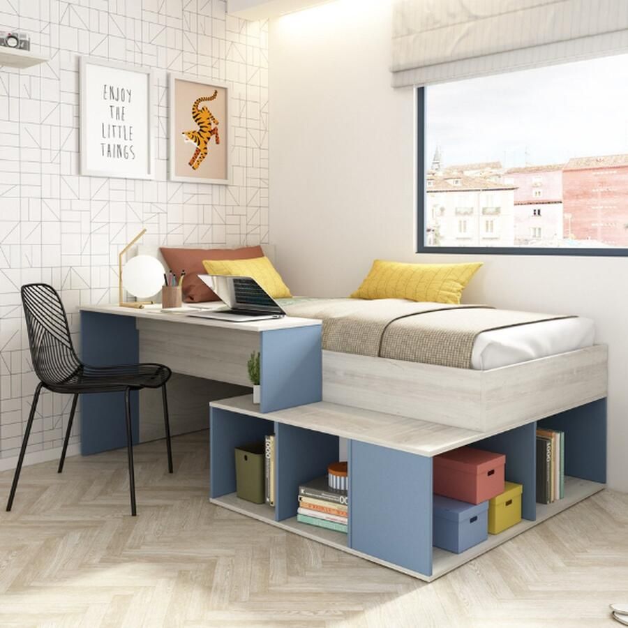 Trasman EMOB Bed Quinn 90x200 cm met bureau en opbergruimte grenen blauw Kinderbedden met opbergruimte Blauw Spaanplaat Kinderbedden met opbergruimte Eenpersoons Halfhoogslaper Op voorraad