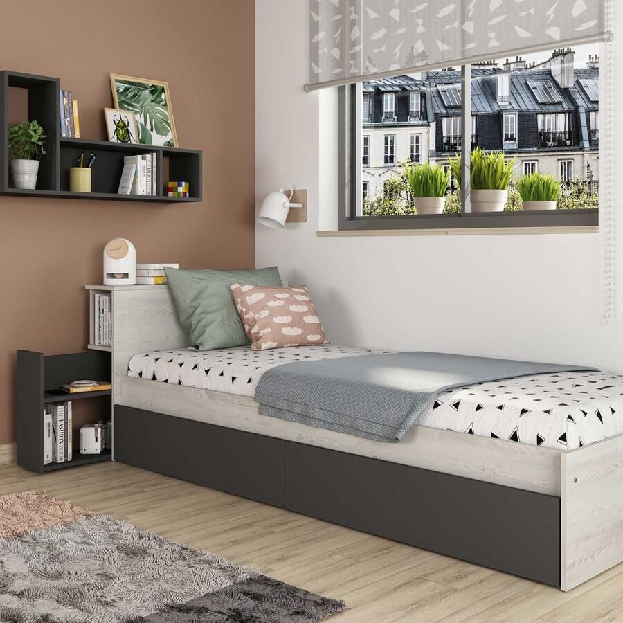 Trasman EMOB Eenpersoonsbed Kazim 90x200 met opbergruimte grijs Slaapkamer outlet Grijs Spaanplaat Slaapkamer outlet Eenpersoons Normaal bed Op voorraad