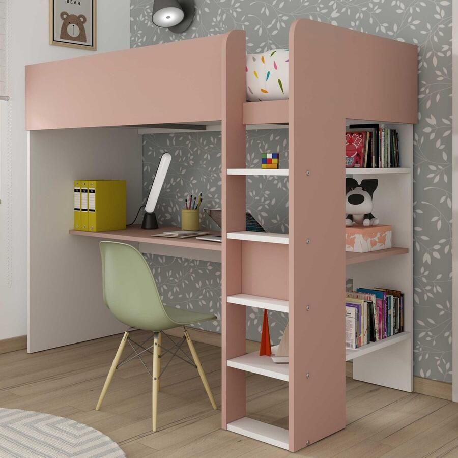 Trasman EMOB Hoogslaper Jet met bureau 90x200cm oud roze Hoogslapers met bureau Roze Spaanplaat Hoogslapers met bureau Eenpersoons Hoogslaper Op voorraad
