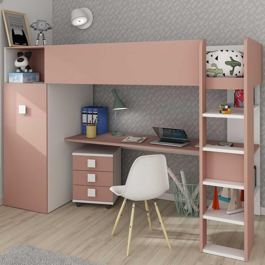Trasman EMOB Hoogslaper Jet met bureau en kledingkast 90x200cm oud roze Hoogslapers met bureau Roze Spaanplaat Hoogslapers met bureau Eenpersoons Hoogslaper Op voorraad