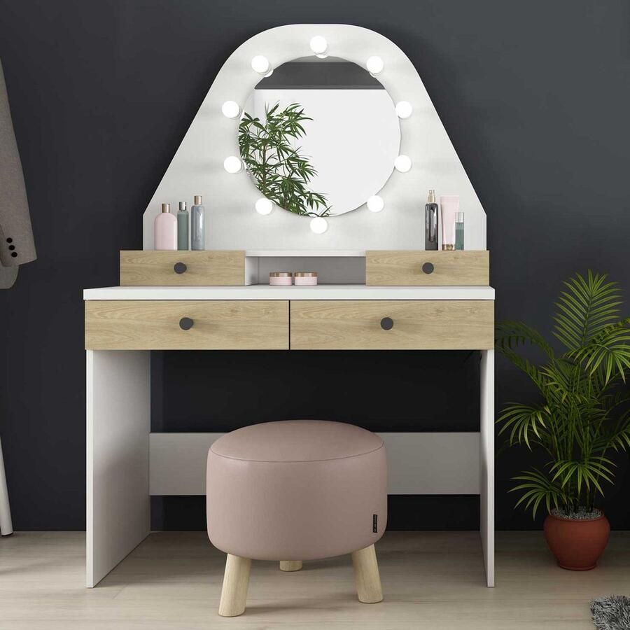 Trasman EMOB Make-uptafel Glamour met verlichting wit eik Kantoor Wit; Bruin Spaanplaat Kantoor Op voorraad - Foto 5