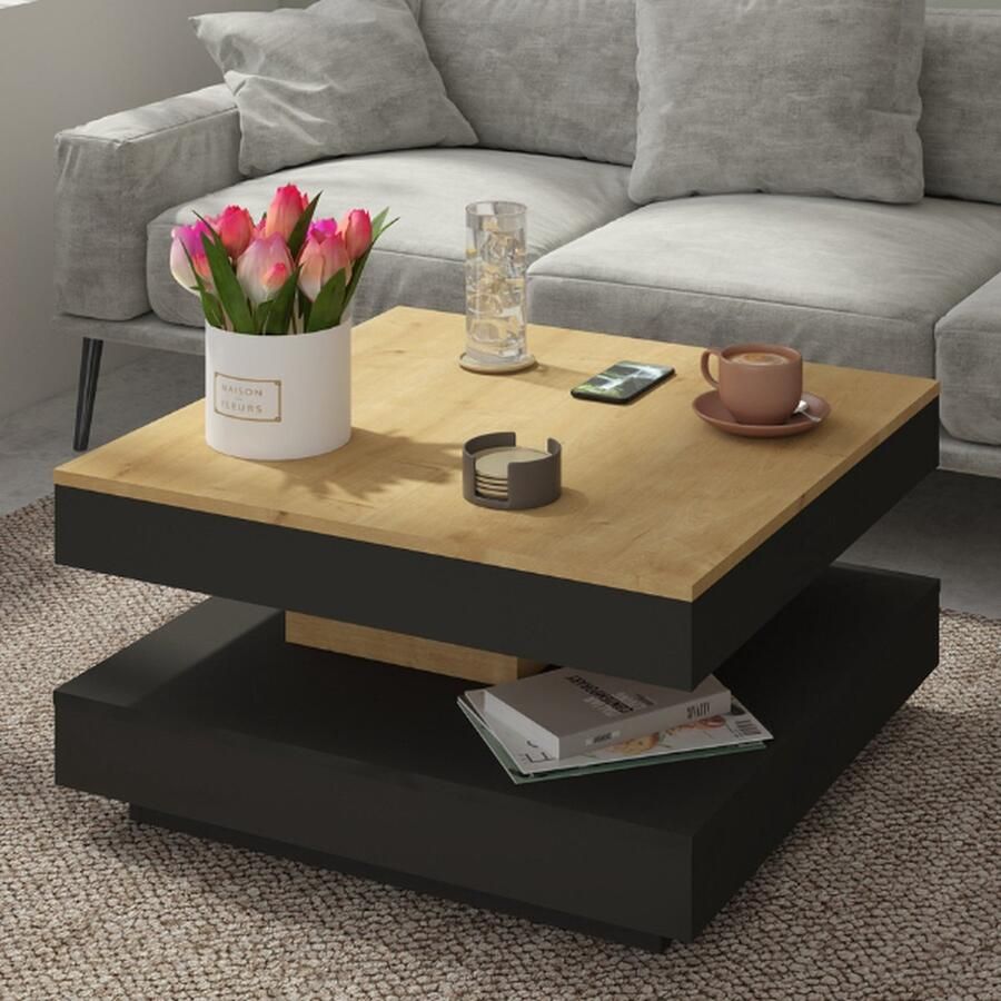 Trasman EMOB Salontafel Soho 78x78 cm met uitschuifbaar tafelblad beige grijs Vierkante salontafels Bruin; Grijs Melamine; Spaanplaat Vierkante salontafels Op voorraad