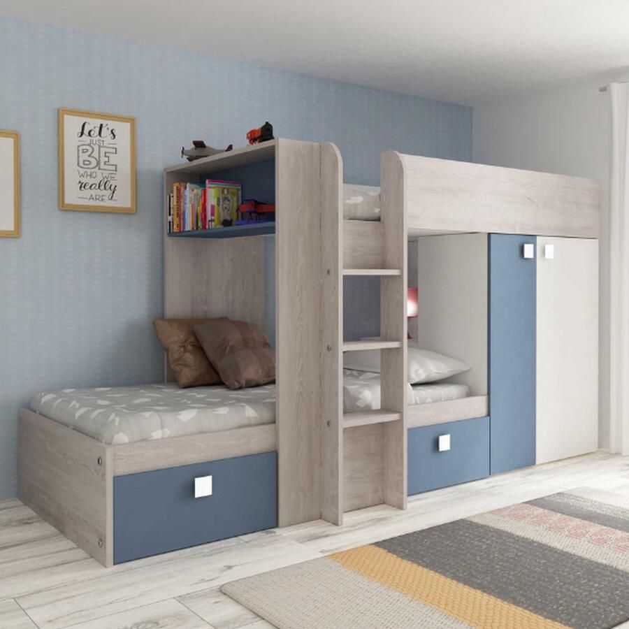 Trasman EMOB Stapelbed Beau 90x190 cm (lattenbodem onderste bed niet inbegrepen) blauw wit Kinderbedden met uitvalbeveiliging Blauw Melamine; Spaanplaat Kinderbedden met uitvalbeveiliging Eenpersoons Stapelbed Op voorraad