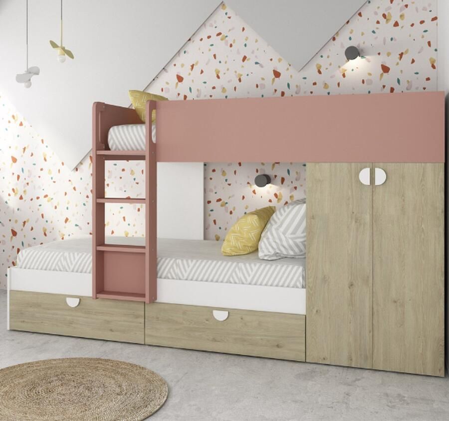 Trasman EMOB Stapelbed Jip met kast & lades eik wit oudroze Kinderbedden met uitvalbeveiliging Roze Spaanplaat Kinderbedden met uitvalbeveiliging Eenpersoons Stapelbed Op voorraad - Foto 2