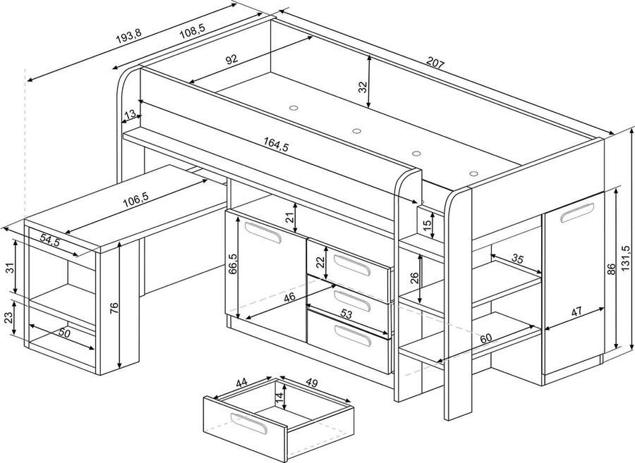 Vente-unique Halfhoogslaper Beau 90x200 met bureau schaduwgrijs