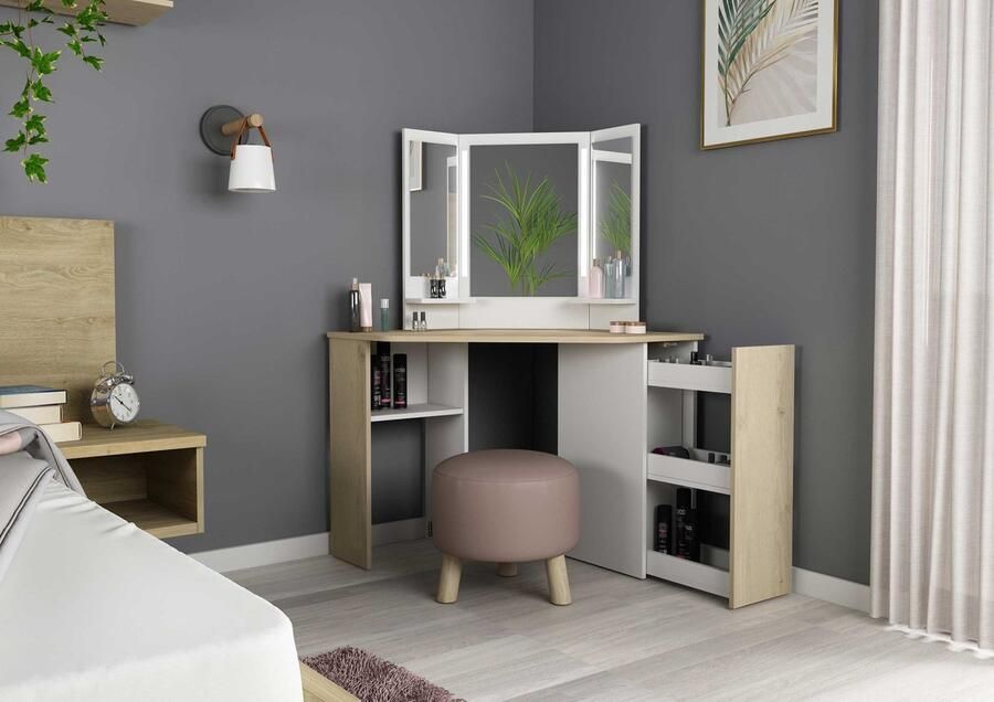 Vente-unique Kaptafel CHARLENE Spiegel met ledverlichting en opbergruimtes Wit en eiken L 117.2 cm x H 142 cm x D 60.6 cm - Foto 2