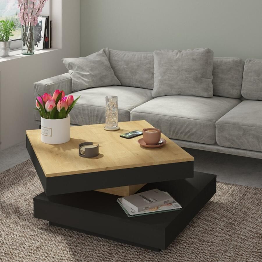 Trasman EMOB Salontafel Soho 78x78 cm met uitschuifbaar tafelblad beige grijs Vierkante salontafels Bruin; Grijs Melamine; Spaanplaat Vierkante salontafels Op voorraad - Foto 2