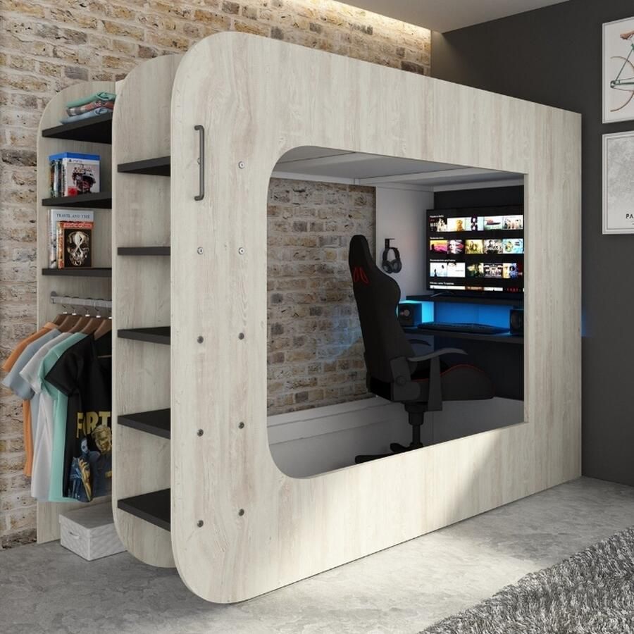 Trasman EMOB Hoogslaper Graham met gamebureau 90x200cm den Hoogslapers met bureau Bruin; Zwart Spaanplaat Hoogslapers met bureau Eenpersoons Hoogslaper Op voorraad