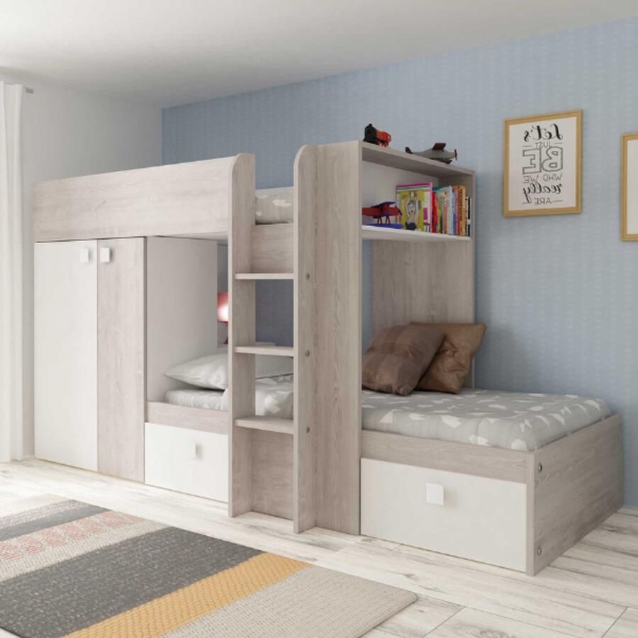 Trasman EMOB Stapelbed Beau 90x190 cm (lattenbodem benedenbed niet inbegrepen) grenen wit Kinderbedden met uitvalbeveiliging Wit Melamine; Spaanplaat Kinderbedden met uitvalbeveiliging Eenpersoons Stapelbed Op voorraad