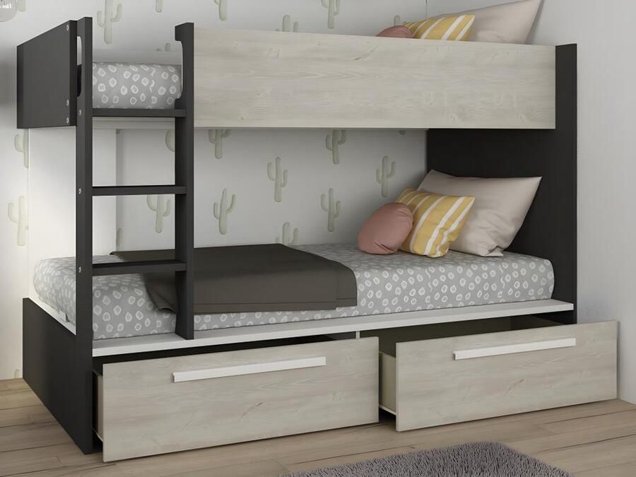 Vente-unique Stapelbed 2 x 90 x 200 cm 2 lades Antraciet houtlook en wit TINOLI L 205.6 cm x H 147 cm x D 108.5 cm - Foto 2