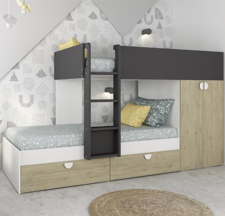 Trasman EMOB Stapelbed Jip met kast & lades eik wit oudroze Kinderbedden met uitvalbeveiliging Roze Spaanplaat Kinderbedden met uitvalbeveiliging Eenpersoons Stapelbed Op voorraad