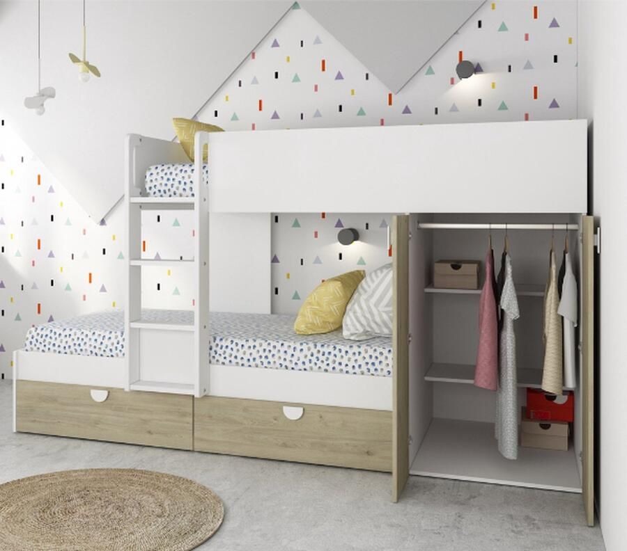 Trasman EMOB Stapelbed Jip met kast & lades eik wit oudroze Kinderbedden met uitvalbeveiliging Roze Spaanplaat Kinderbedden met uitvalbeveiliging Eenpersoons Stapelbed Op voorraad - Foto 3