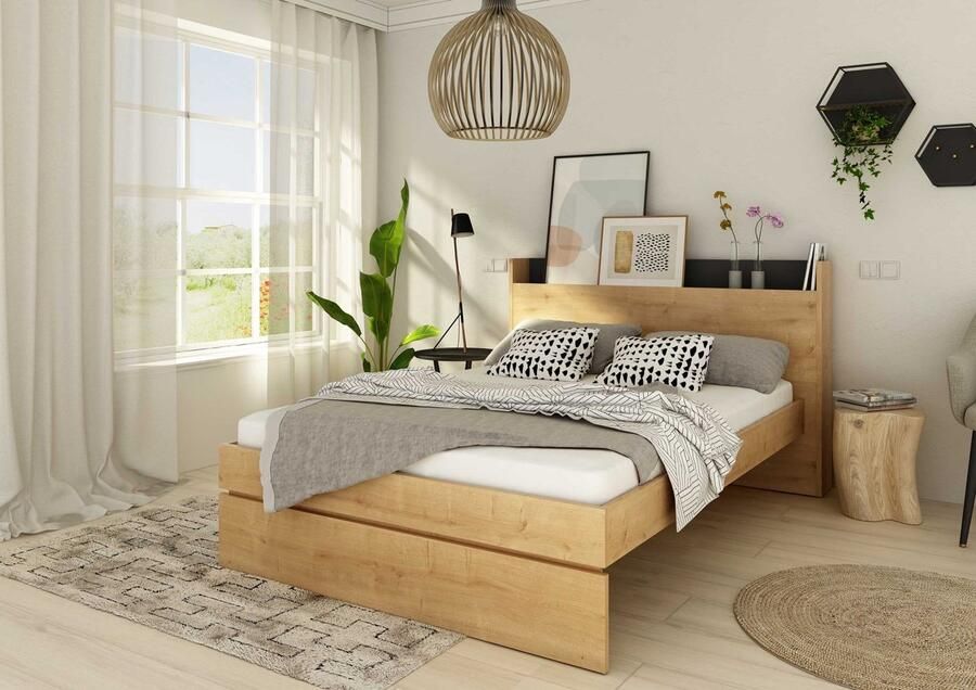 Trasman Tweepersoonsbed Sanna 140x190 lichte eik decor zwart - Foto 2