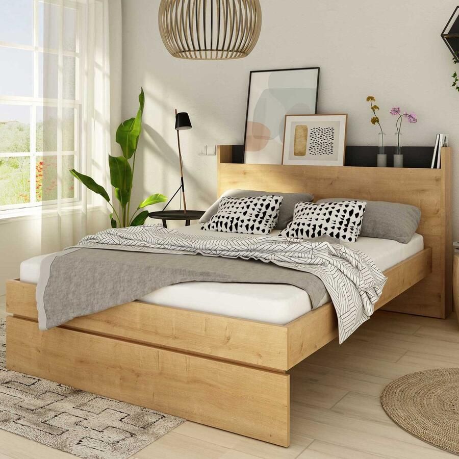 Trasman Tweepersoonsbed Sanna 140x190 lichte eik decor zwart