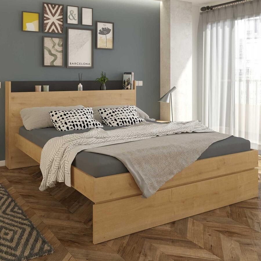 Trasman EMOB Tweepersoonsbed Sanna 160x200 lichte eikdecor zwart Tweepersoonsbedden Bruin Spaanplaat Tweepersoonsbedden Tweepersoons Normaal bed Op voorraad