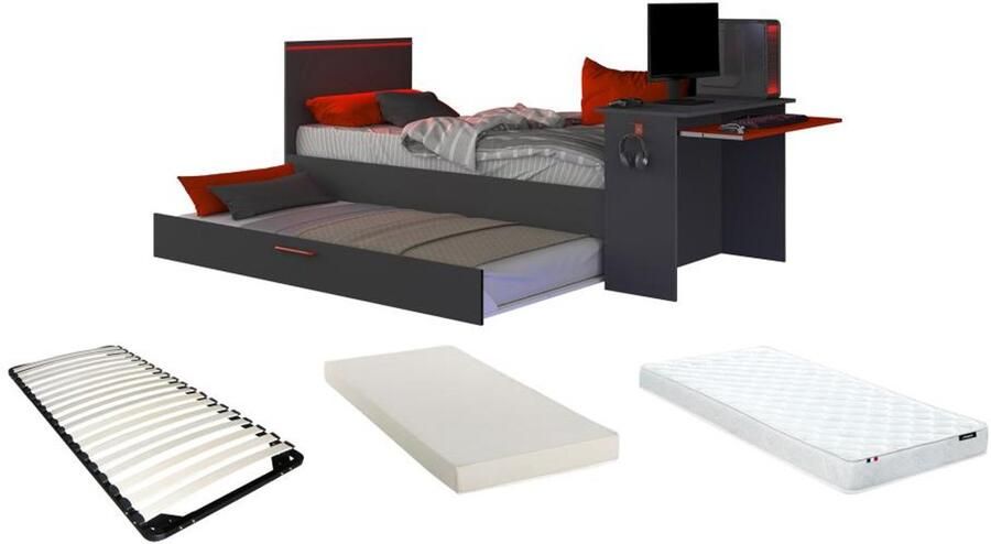 Trasman Vente-unique Uitschuifbed 90 x 200 en 90 x 190 cm Met bureau Ledverlichting Antraciet en rood + Matras + Bedbodem VOUANI L 242.8 cm x H 100.5 cm x D 98.7 cm - Foto 4