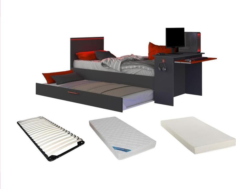 Trasman Vente-unique Uitschuifbed 90 x 200 en 90 x 190 cm Met bureau Ledverlichting Antraciet en rood + Matras + Bedbodem VOUANI L 242.8 cm x H 100.5 cm x D 98.7 cm
