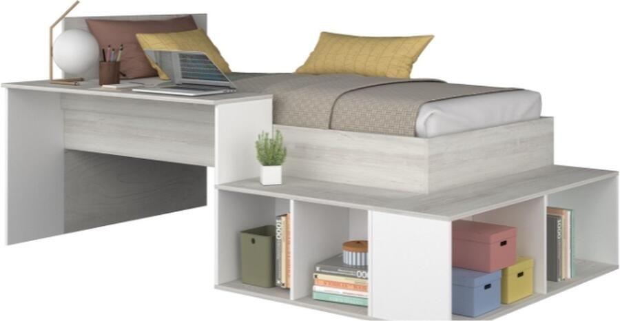 Trasman Vente-unique Combinatiebed 90 x 200 cm met opbergruimte en bureau grijzige houtlook en wit RIGALI L 233.2 cm x H 100.5 cm x D 128.8 cm - Foto 3