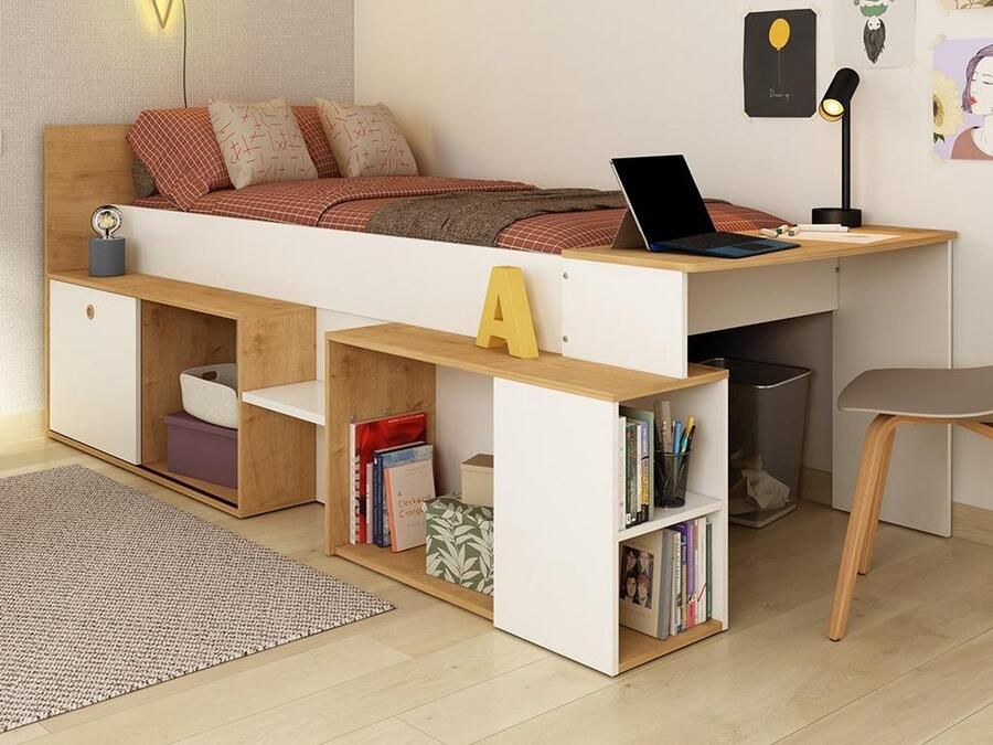 Trasman Vente-unique Hoogslaper 90 x 200 cm met bureau en opbergruimte Wit en naturel + bedbodem PALOMA L 238.9 cm x H 95.5 cm x D 117.6 cm - Foto 2