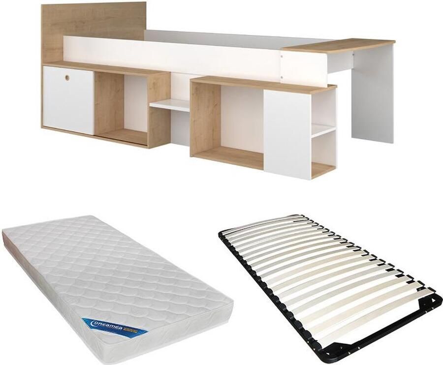 Trasman Vente-unique Hoogslaper 90 x 200 cm met bureau en opbergruimte Wit en naturel + matras PALOMA L 238.9 cm x H 95.5 cm x D 117.6 cm