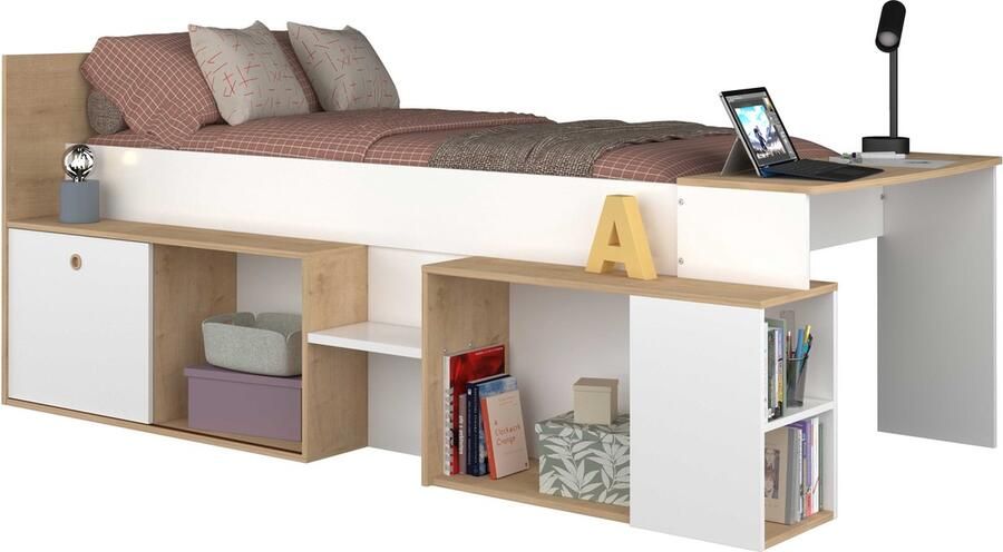 Trasman Vente-unique Hoogslaper 90 x 200 cm met bureau en opbergruimte Wit en naturel PALOMA L 238.9 cm x H 95.5 cm x D 117.6 cm - Foto 4