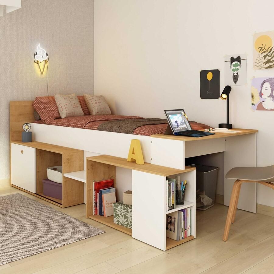 Trasman Vente-unique Hoogslaper 90 x 200 cm met bureau en opbergruimte Wit en naturel PALOMA L 238.9 cm x H 95.5 cm x D 117.6 cm