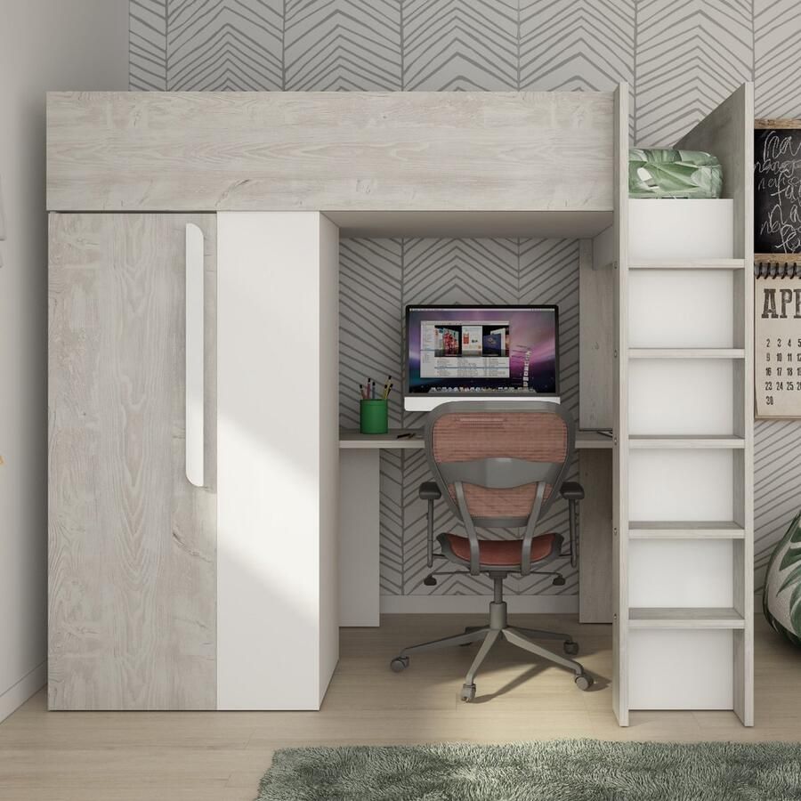 Trasman Vente-unique Hoogslaper – 90 x 200 cm – Met kast en bureau – Vergrijsde houtlook en wit – NICOLAS L 205.2 cm x H 183.1 cm x D 110 cm